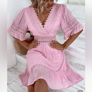 SHEIN Pink Ruffled Tiered Dress with Bell Sleeves sz L boho, country western